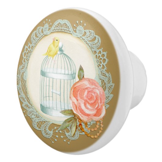 Victoriaans Kant Rozen Gouden Vogelkooi Canary Kno Keramische Knop (Rechts)