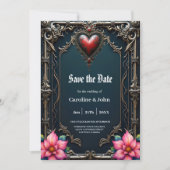 Victoriaans karmozijnrood gotische hart save the date (Voorkant)