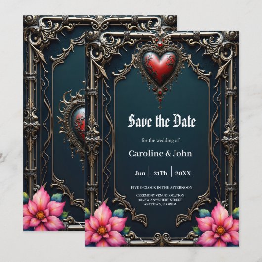 Victoriaans karmozijnrood gotische hart save the date (Voorkant / Achterkant)