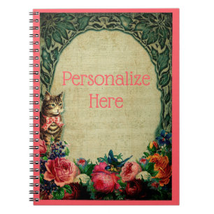 Victoriaans kat en bladmuziek bloemen notitieboek