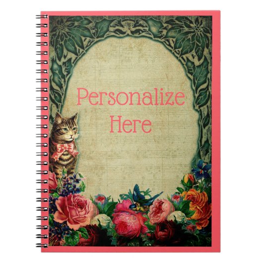 Victoriaans kat en bladmuziek bloemen notitieboek (Voorkant)