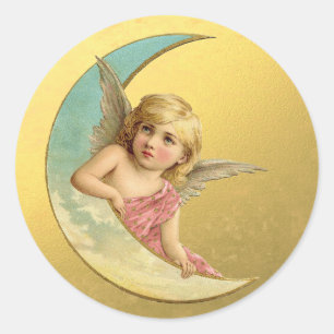 Victoriaans kerkerst met Golden Moon Angel Ronde Sticker