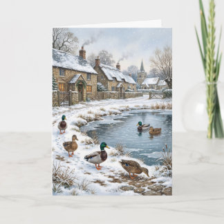 Victoriaans Kerst Dorp Winter Vijver & Meerkoeten Feestdagen Kaart