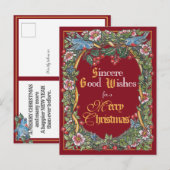 Victoriaans Kerst Elegante Vogel Holly Bourgogne Feestdagenkaart (Voorkant / Achterkant)
