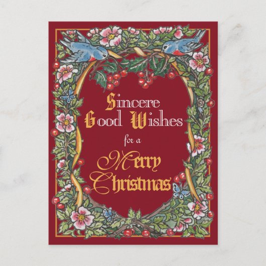 Victoriaans Kerst Elegante Vogel Holly Bourgogne Feestdagenkaart (Voorkant)