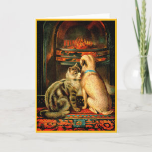Victoriaans Kerst Kaart Vriendelijke Hond & Kat
