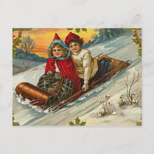 Victoriaans kerst Kinder Sledding Feestdagenkaart