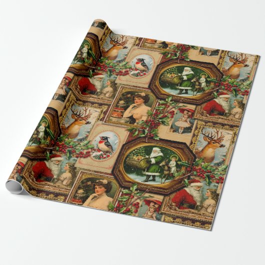 Victoriaans Kerst Lijst Collage Cadeaupapier (Uitgerold)