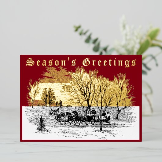 Victoriaans kerst met kerstkledij op zonsondergang folie feestdagenkaart (Staand Voorkant)