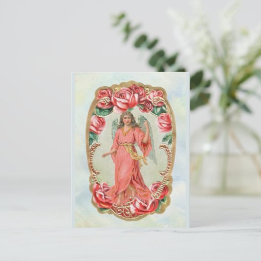 Victoriaans kerstangel, omhuld door Red Roses Gold Briefkaart (Staand voorkant)