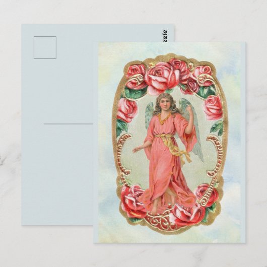 Victoriaans kerstangel, omhuld door Red Roses Gold Briefkaart (Voorkant / Achterkant)