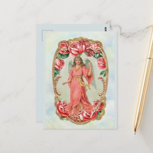 Victoriaans kerstangel, omhuld door Red Roses Gold Briefkaart (Voorkant / Achterkant in situ)