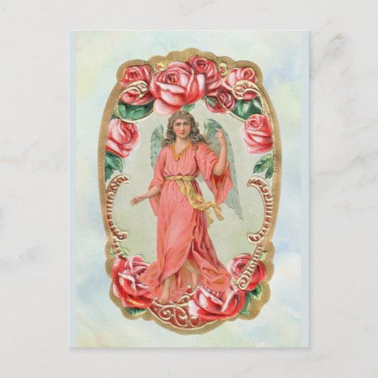 Victoriaans kerstangel, omhuld door Red Roses Gold Briefkaart (Voorkant)