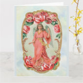 Victoriaans kerstangel, omhuld door rode rozen kaart (Gele Bloem)