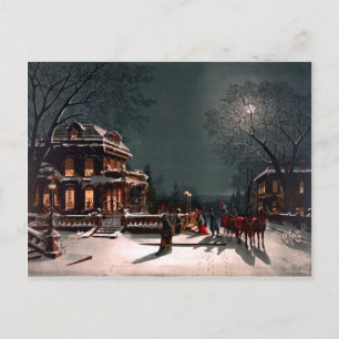 Victoriaans Kerstavond Party Mansion Sleigh Snow Briefkaart