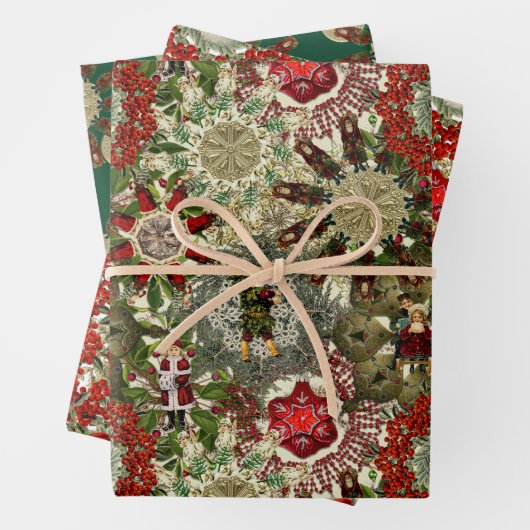 Victoriaans kerstbekkenwiercollage inpakpapier vel (In situ)