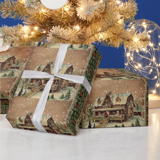 Victoriaans kerstcadeautje in Winter Illustratie Cadeaupapier (Feestdagen)