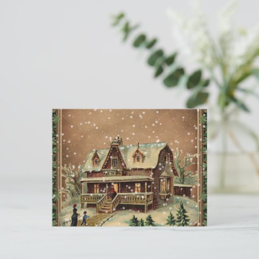 Victoriaans kerstcadeautje in Winter Illustratie Feestdagenkaart (Staand voorkant)