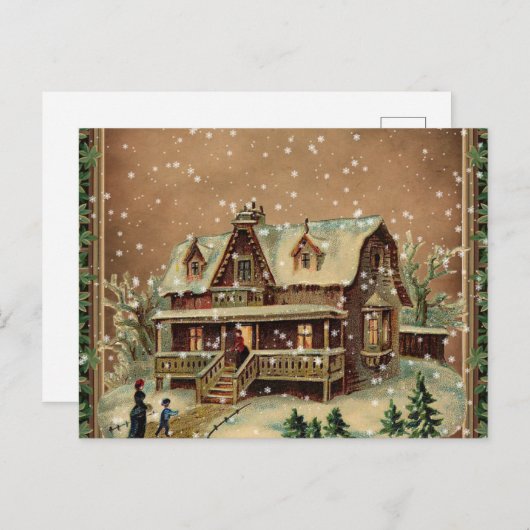 Victoriaans kerstcadeautje in Winter Illustratie Feestdagenkaart (Voorkant / Achterkant)