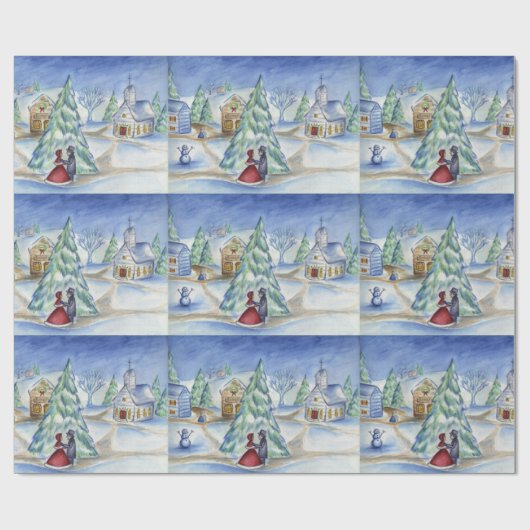 Victoriaans kerstdorp cadeaupapier (Vlak)