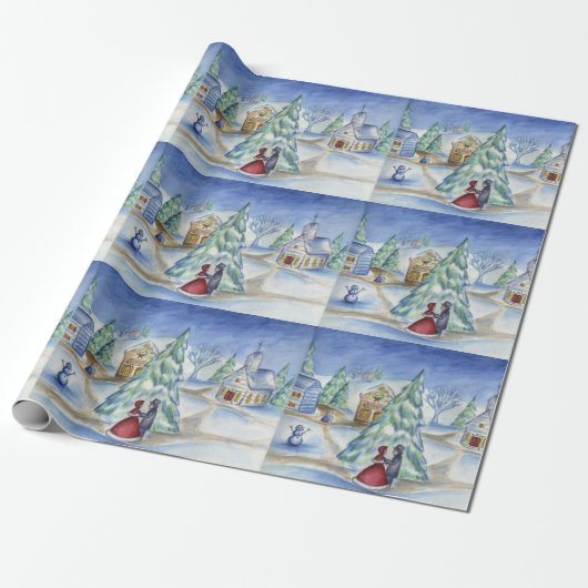 Victoriaans kerstdorp cadeaupapier (Uitgerold)