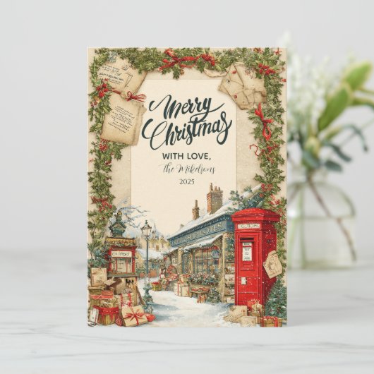 Victoriaans kerstdorp feestdagenkaart (Staand voorkant)