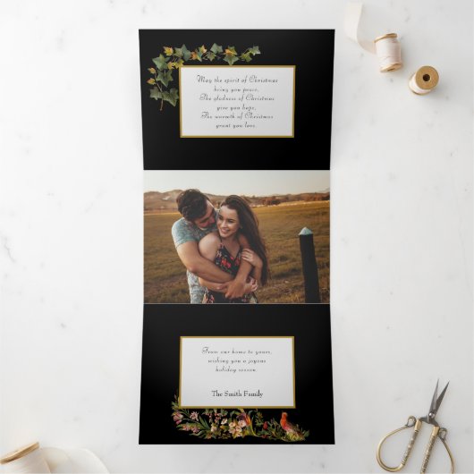  Victoriaans Kerstgroet en Bloemen Drieluik Wenskaart (Binnen)