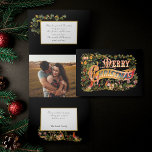 Victoriaans Kerstgroet en Bloemen Drieluik Wenskaart<br><div class="desc">Prachtig verlicht Victoriaans-tijdperk Vrolijke kerstbegroeting in  decoratief lettertype verfraaid met kleurrijke bloemen,  vogel- en goudrol op zwarte achtergrond. In de binnendeelvensters zijn sjablonen voor twee foto's en meerdere bewerkbare tekstvelden opgenomen.</div>