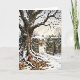 Victoriaans Kersthuisje & Wintereik Schilderij Feestdagen Kaart