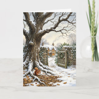 Victoriaans Kersthuisje & Wintereik Schilderij Feestdagen Kaart
