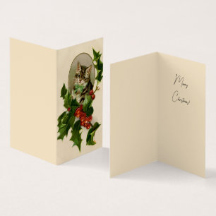 Victoriaans Kerstkatje in Holly Antiek Tabby Kaart