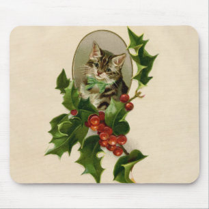 Victoriaans Kerstkatje in hulst antiek tabby Muismat