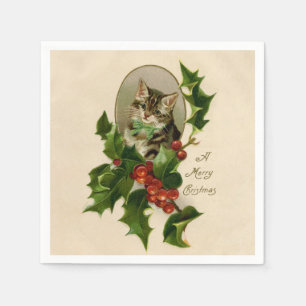 Victoriaans Kerstkatje in hulst antiek tabby Servet