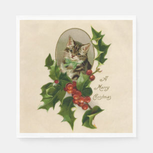 Victoriaans Kerstkatje in hulst antiek tabby Servet