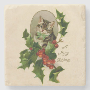 Victoriaans Kerstkatje in hulst Antieke Tabby Stenen Onderzetter