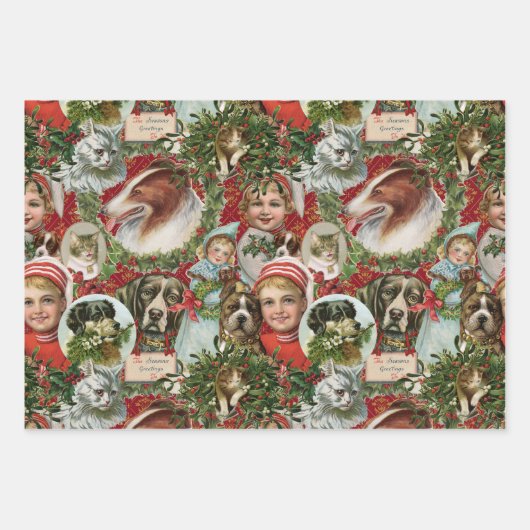 Victoriaans kerstkatten en hondenbont inpakpapier vel (Voorkant)