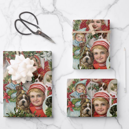 Victoriaans kerstkatten en hondenbont inpakpapier vel (Voorkant)