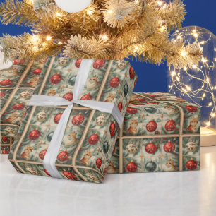 Victoriaans Kerstkatten Ornamenten Pine Cadeaupapier