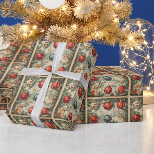 Victoriaans Kerstkatten Ornamenten Pine Cadeaupapier (Feestdagen)