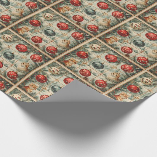  Victoriaans Kerstkatten Ornamenten Pine Cadeaupapier (Hoek)