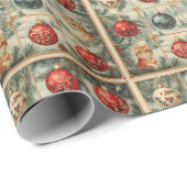 Victoriaans Kerstkatten Ornamenten Pine Cadeaupapier (Rol Hoek)