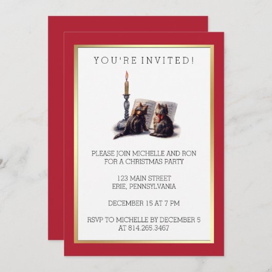 Victoriaans kerstkatten Rood en Goud Kaart (Voorkant / Achterkant)