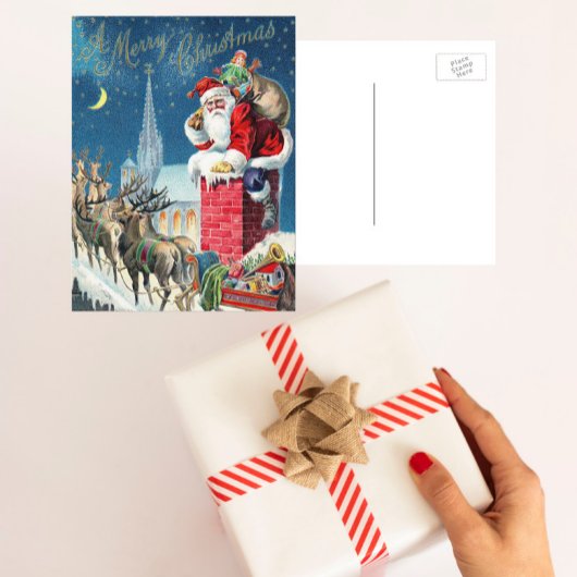 Victoriaans kerstkerstkerstkerstman op schoorsteen feestdagenkaart