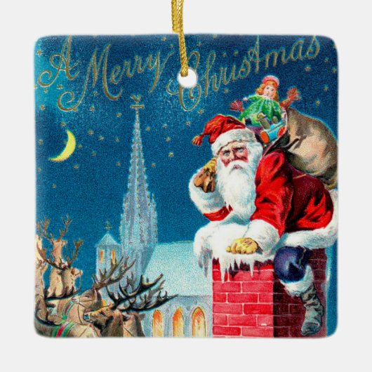 Victoriaans kerstkerstkerstkerstman op schoorsteen keramisch ornament (Voorkant)