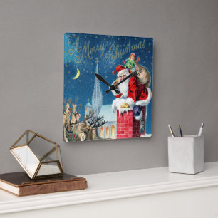 Victoriaans kerstkerstkerstkerstman op schoorsteen vierkante klok