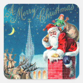 Victoriaans kerstkerstkerstkerstman op schoorsteen vierkante sticker