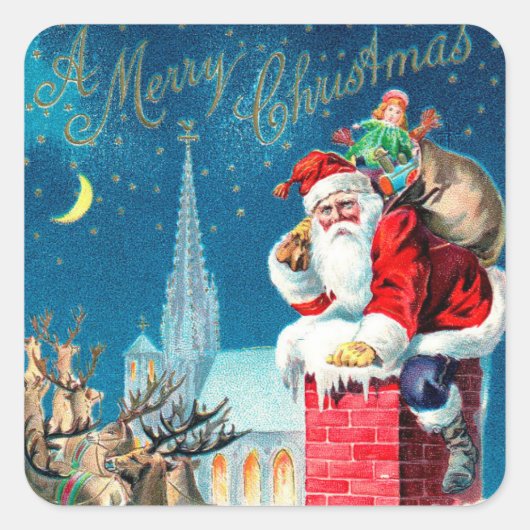 Victoriaans kerstkerstkerstkerstman op schoorsteen vierkante sticker (Voorkant)