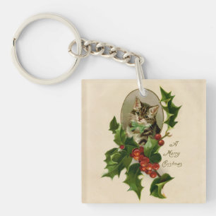 Victoriaans Kerstkitten in Holly Antieke Tabby Sleutelhanger