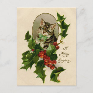 Victoriaans Kerstkitten in hulst antieke tabby Briefkaart