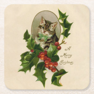 Victoriaans Kerstkitten in hulst antieke tabby Kartonnen Onderzetters